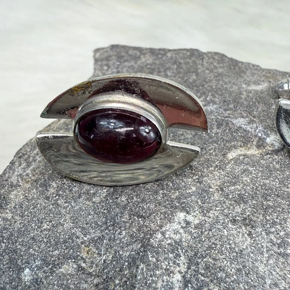Vintage Anson Silver Tone Oval Red Cab Cuff Links